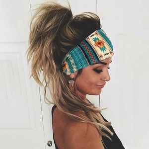 Bohemian Aztec Headband Cycle Yoga Sports Hair Band Blue Cream